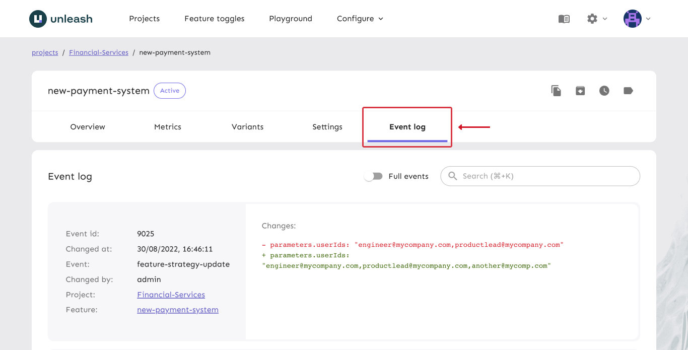 The event log for a feature toggle. The &quot;Event log&quot; tab is highlighted and the UI shows the most recent changes, including a JSON diff and the change details.